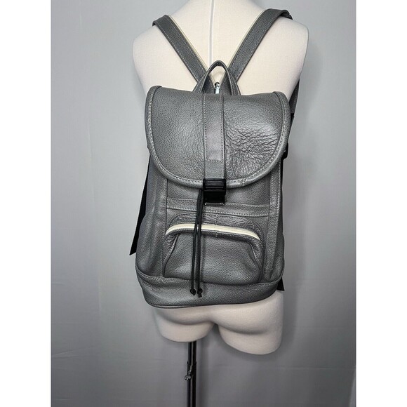 Small Mini Bucket GrayBackpack Daypack Drawstring Dual Strap Bag Genuine Leather - Picture 2 of 10